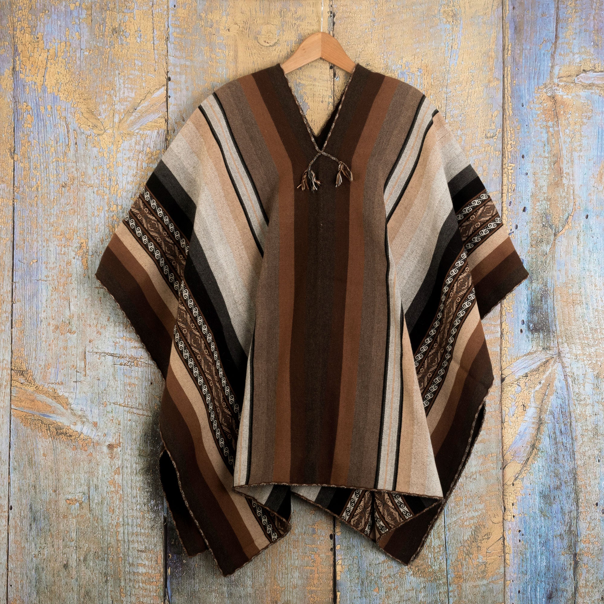 Chinchero Legacy - a Backstrap Handwoven Men's Alpaca Poncho in Earth Tones