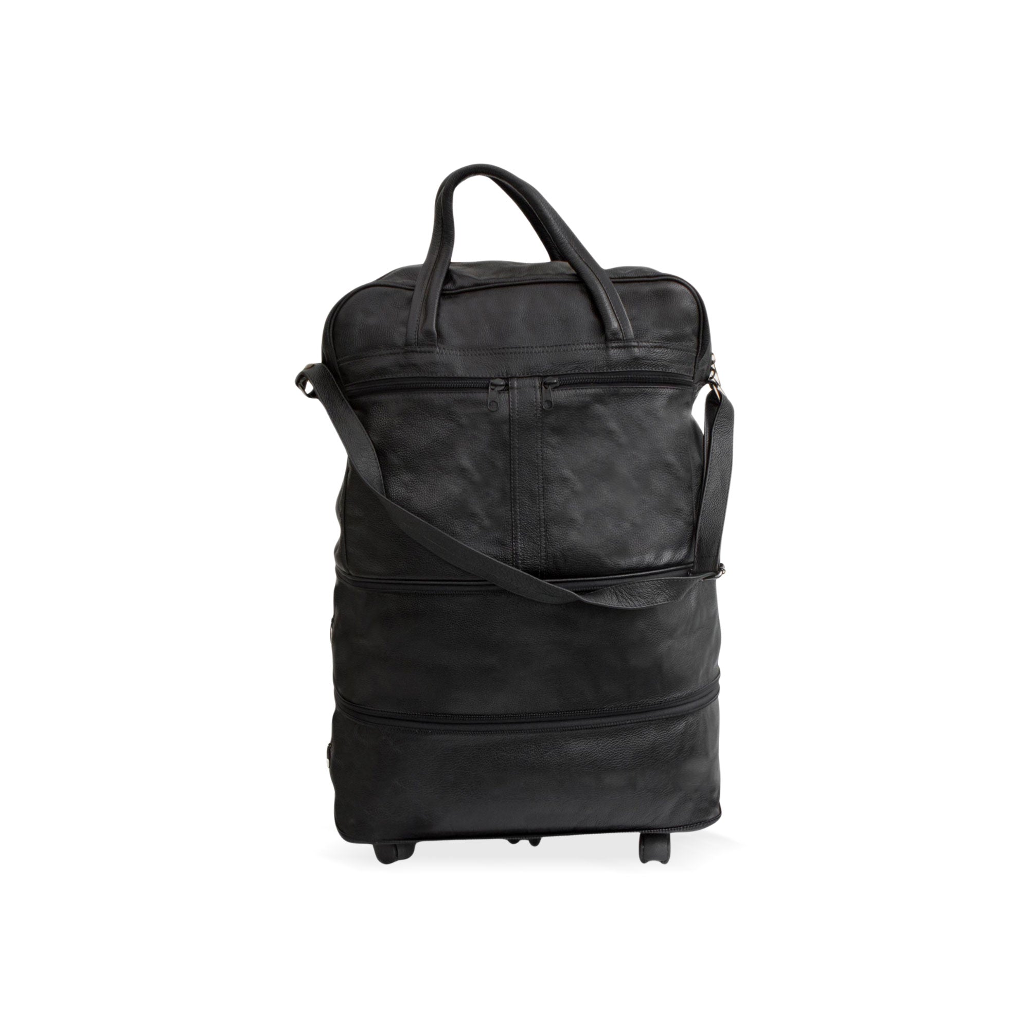 Style Traveler in Black - an Expandable Leather Wheeled Travel Bag in Black from Brazil