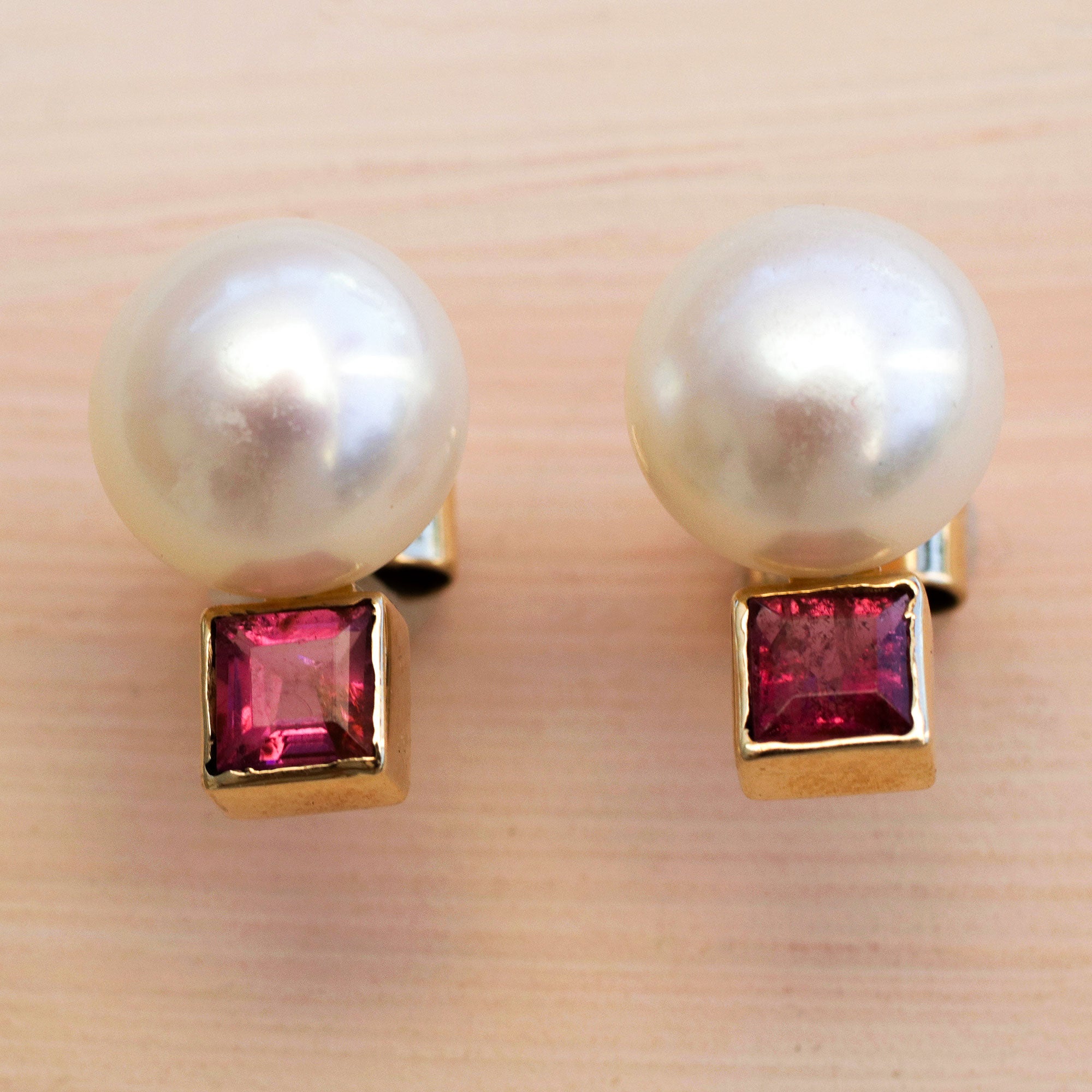 Glowing Delicacy - a Gold Accented Cultured Pearl and Tourmaline Button Earrings