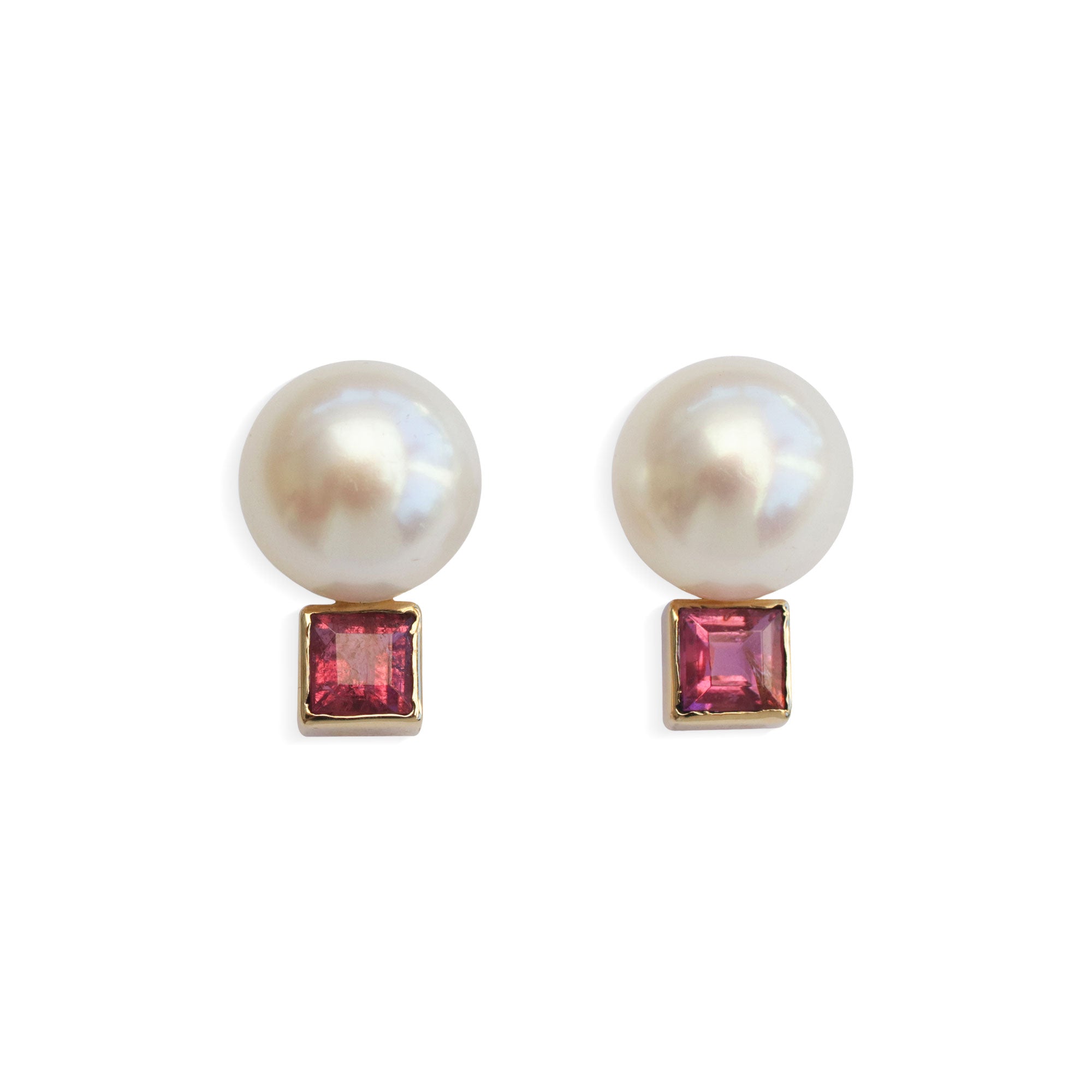 Glowing Delicacy - a Gold Accented Cultured Pearl and Tourmaline Button Earrings