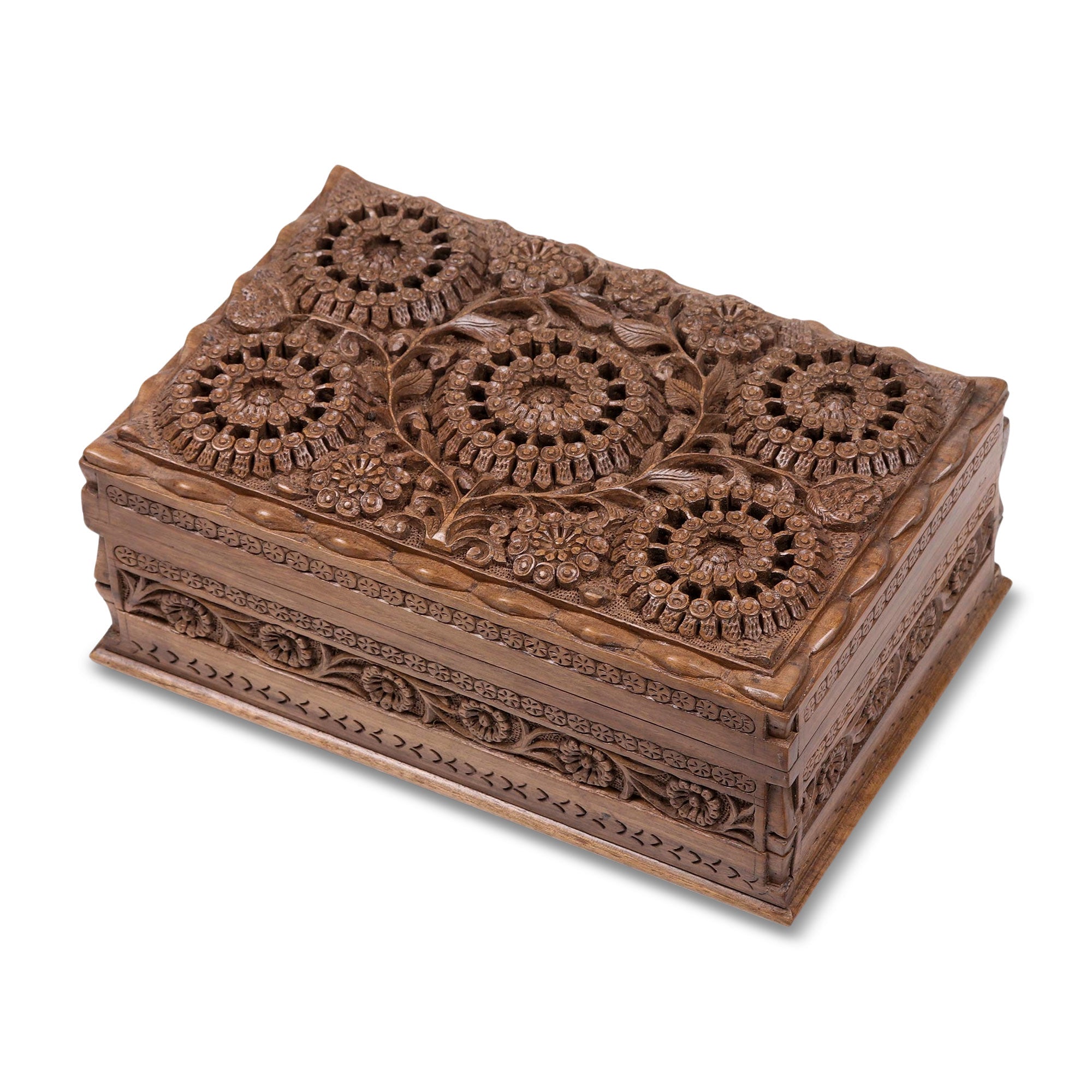 Floral Wood Jewelry Box, 'Sunflower Mandalas'