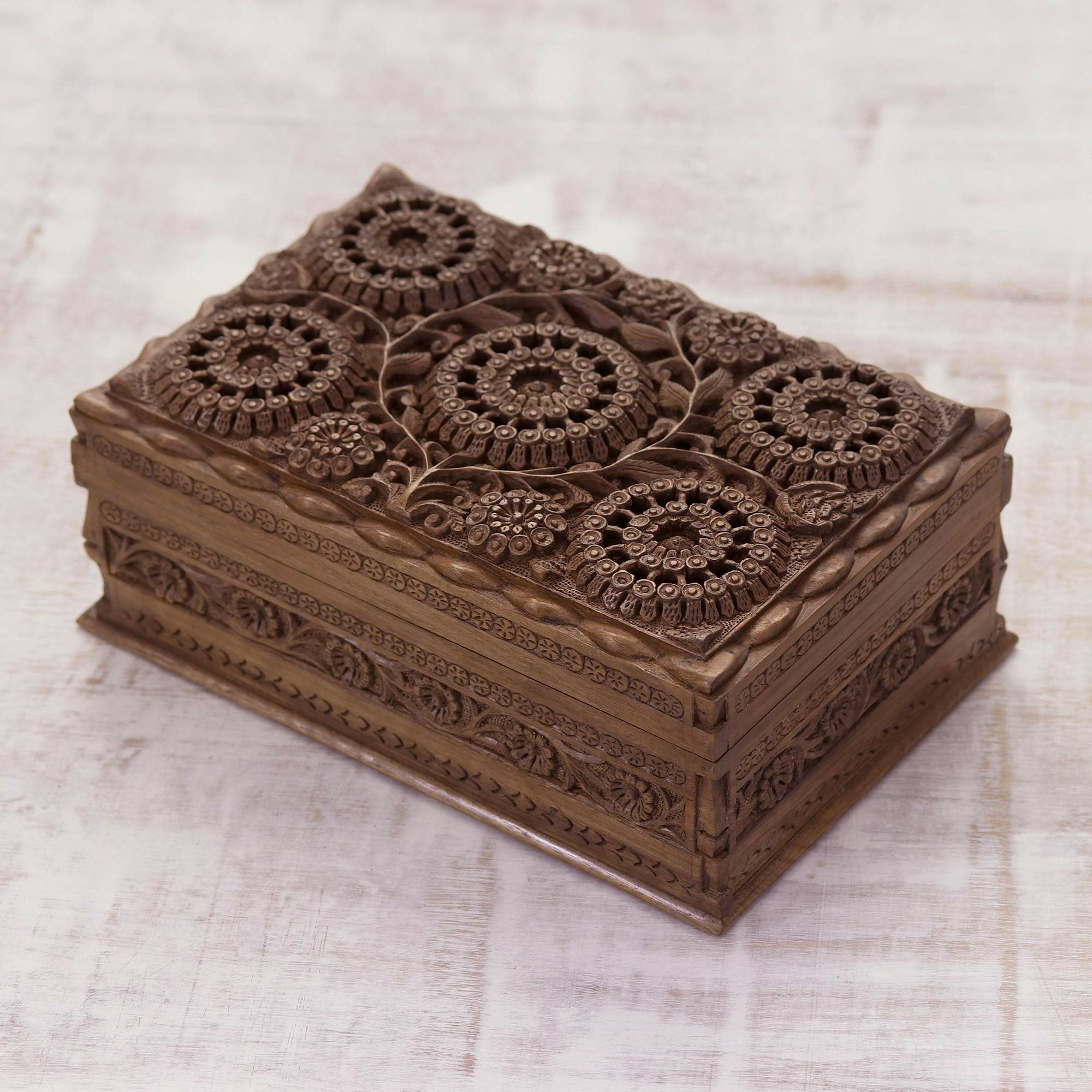 Floral Wood Jewelry Box, 'Sunflower Mandalas'