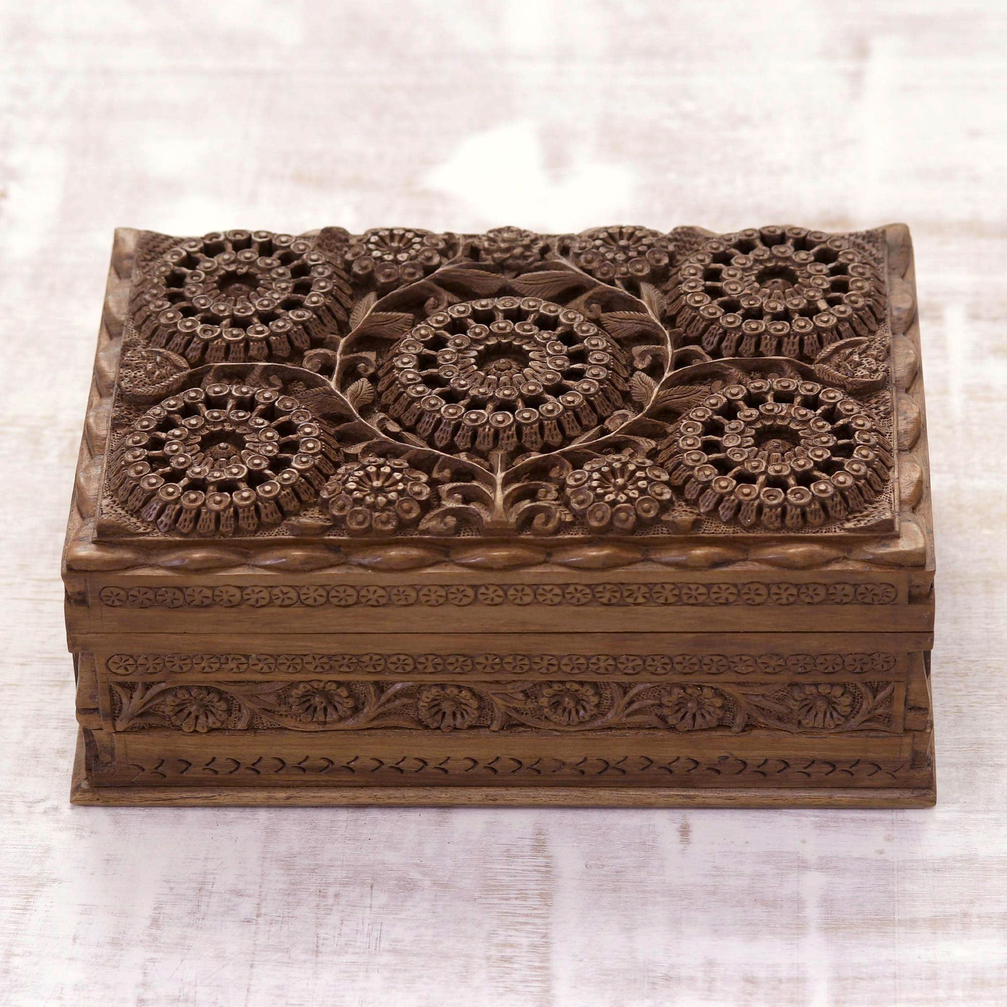 Floral Wood Jewelry Box, 'Sunflower Mandalas'