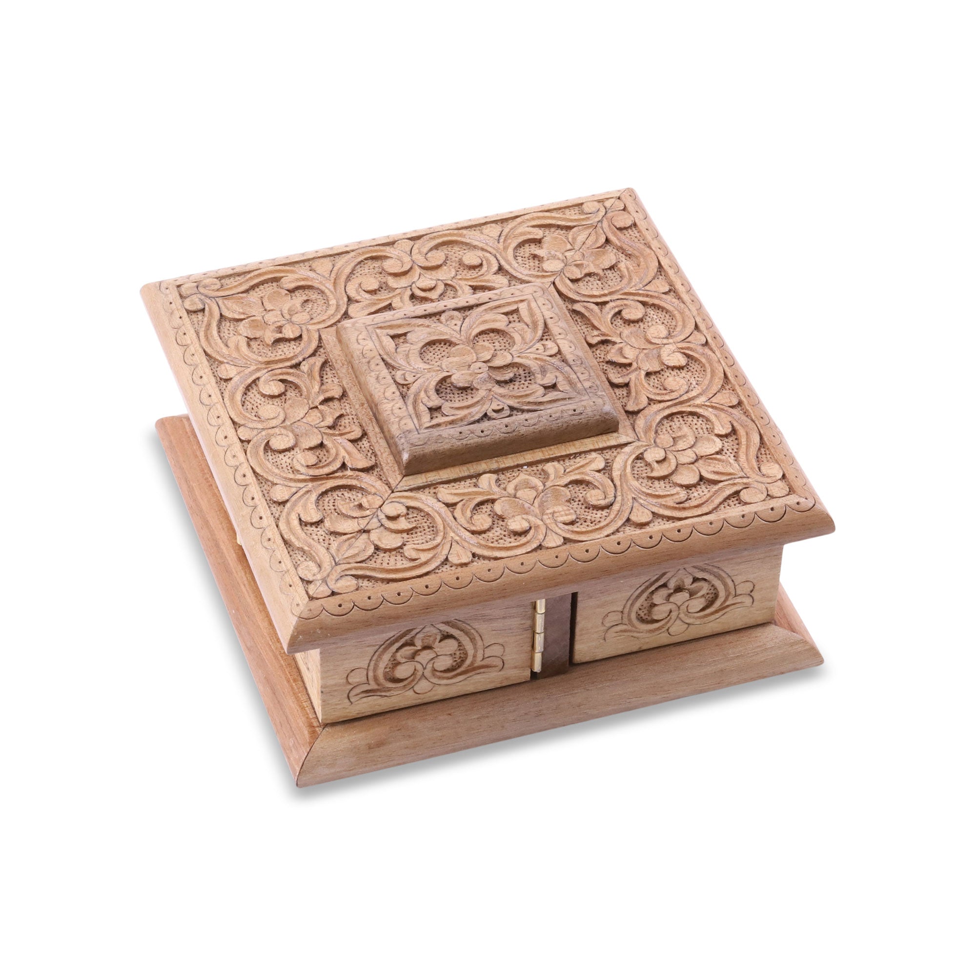 Dreamy Square - Hand-Carved Walnut Wood Jewelry Box with Floral Details