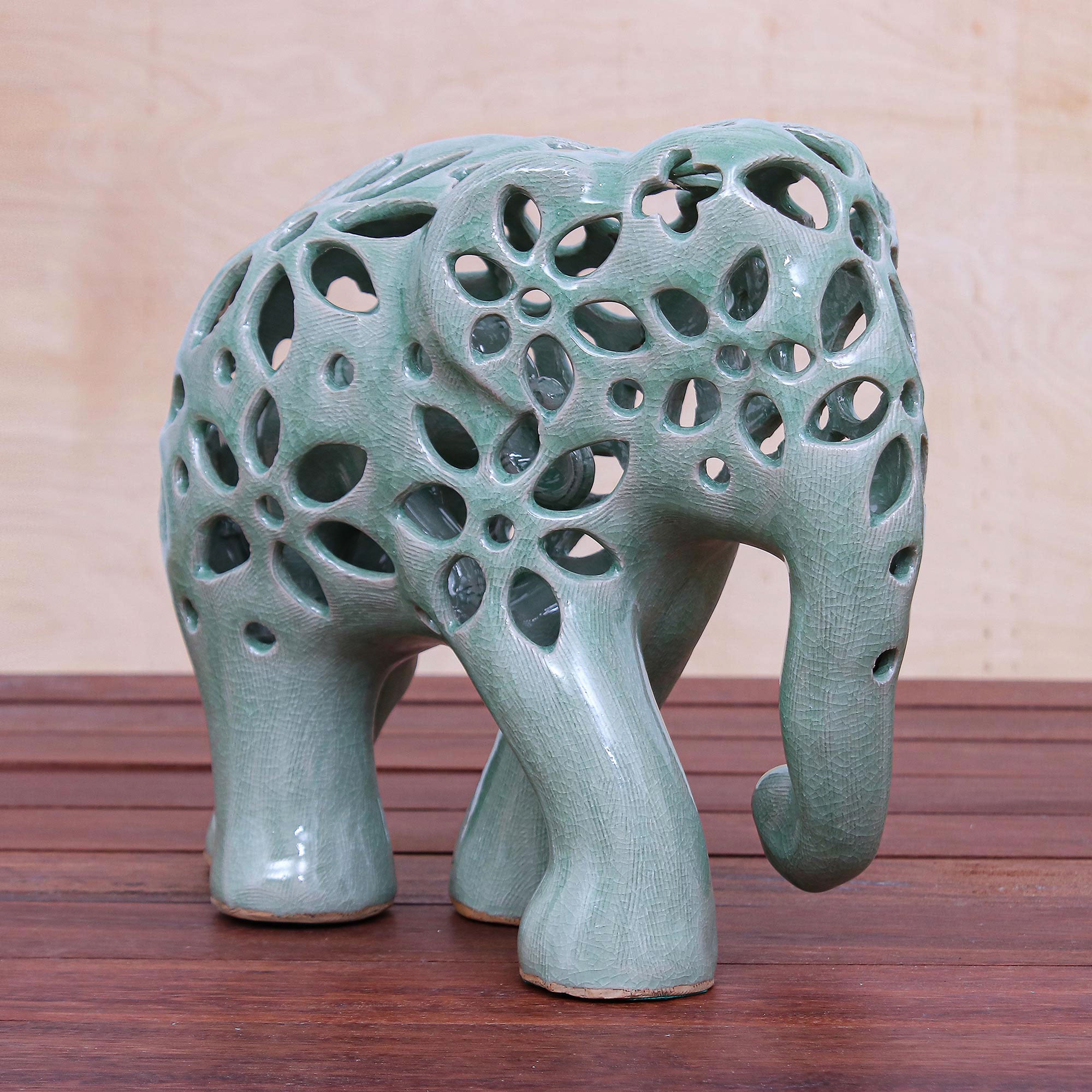 Flowering Elephant - Hand Crafted Celadon Ceramic Elephant Sculpture