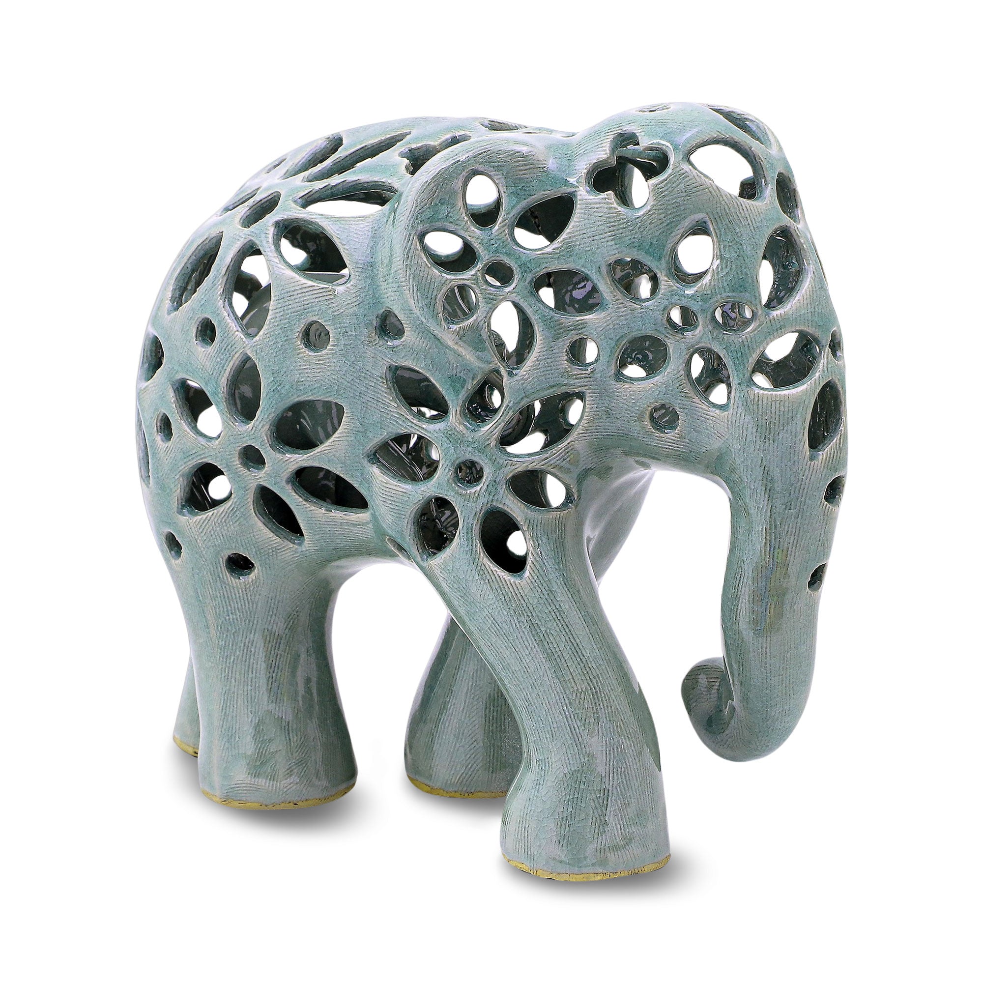 Flowering Elephant - Hand Crafted Celadon Ceramic Elephant Sculpture