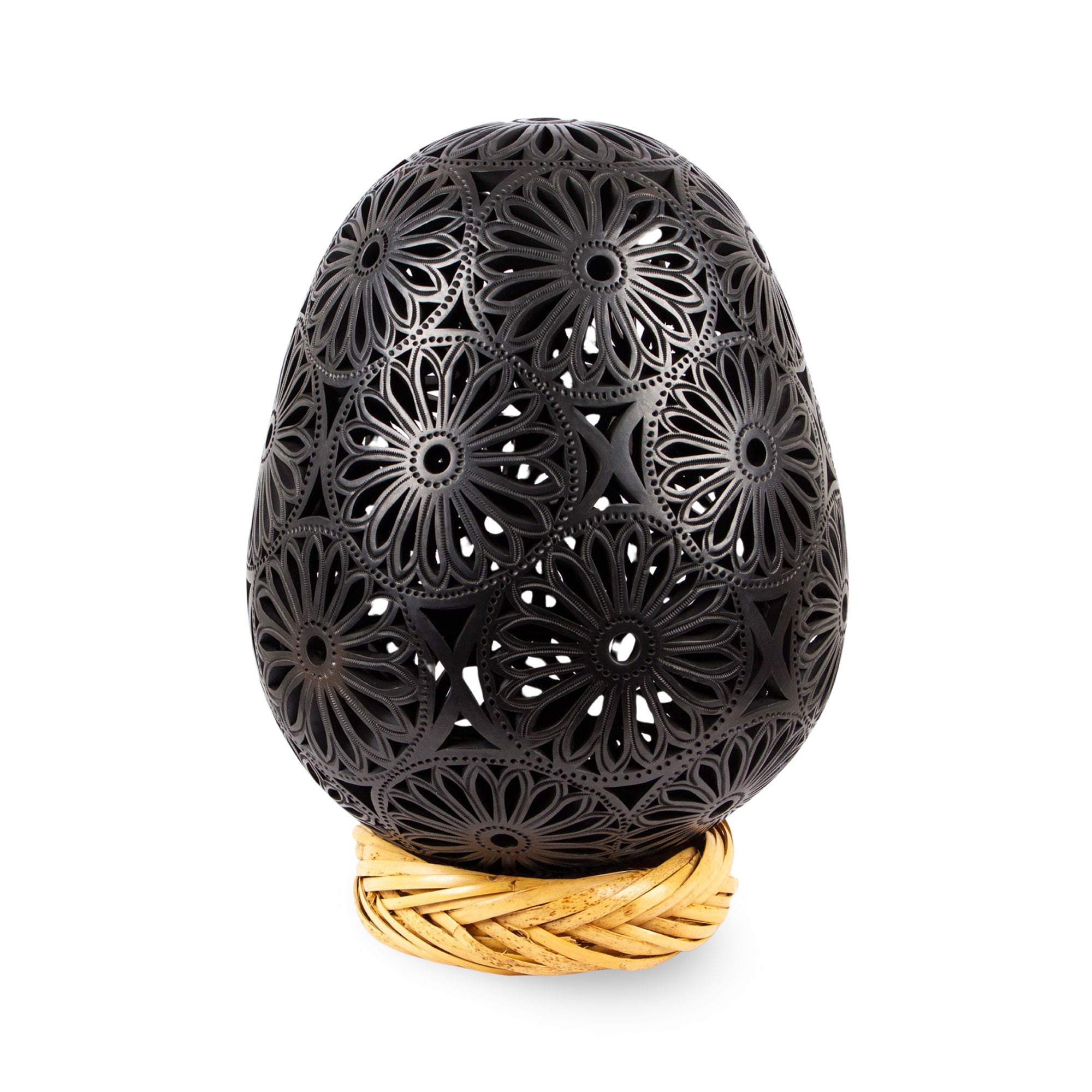 Floral Egg - Large Oaxaca Black Pottery Floral Egg Shaped Sculpture