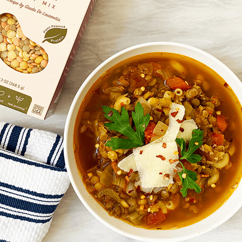 Bowl of cooked lentil soup mix