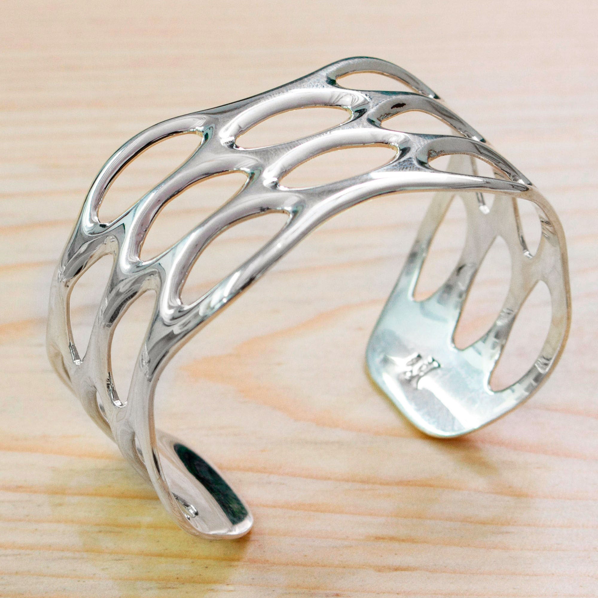 Oval Splendor - Taxco Sterling Silver Cuff Bracelet with Openwork Accents