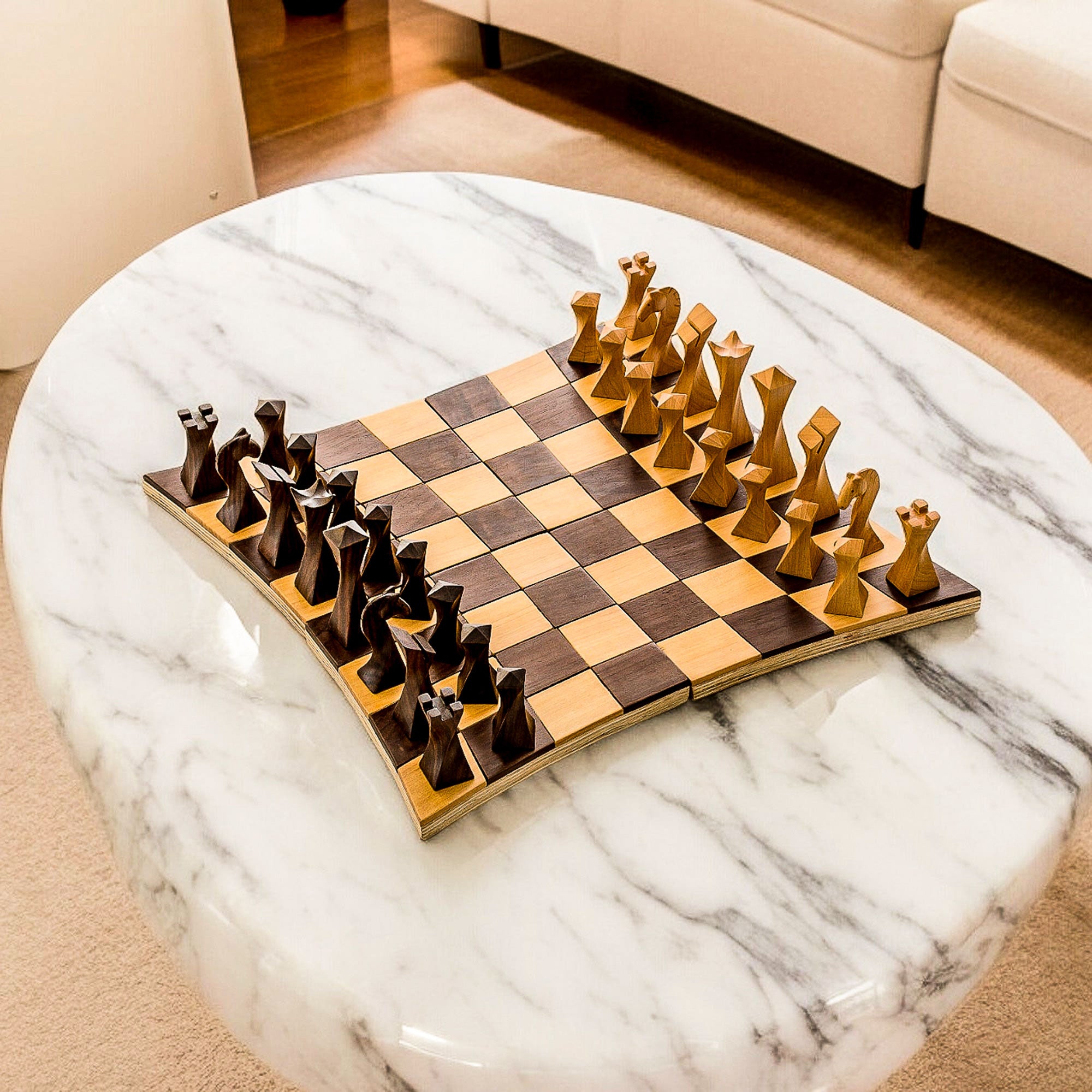 Tempisque and Salmwood Chess Set, 'Twisted Battle'