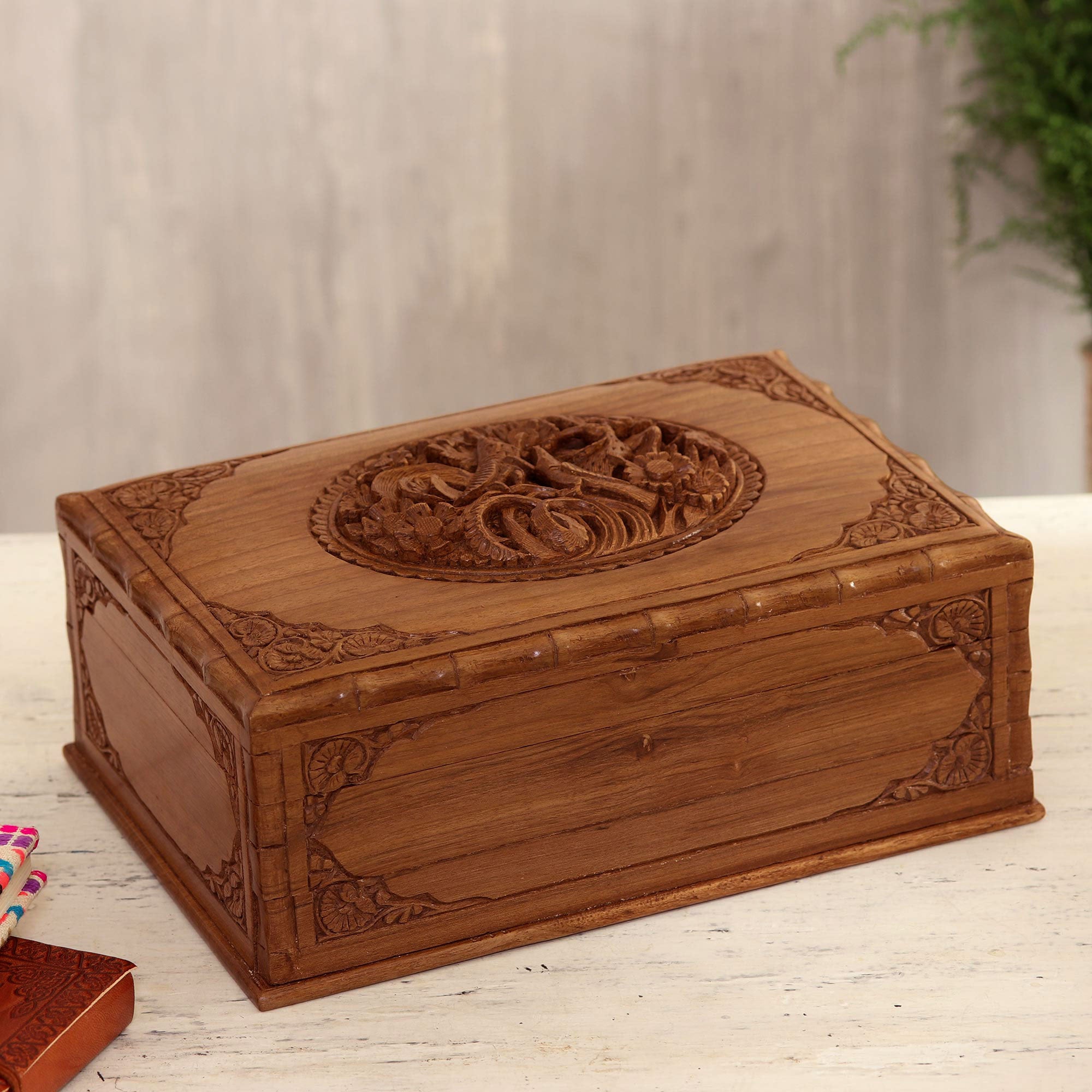 Wood Jewelry Box, 'Birds in Spring'