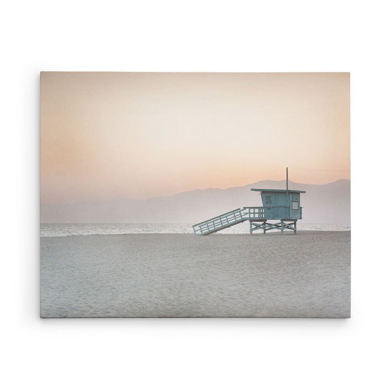 Canvas print of a lifeguard tower on the beach at sunset in California, titled 'Pink Lifeguard Tower'