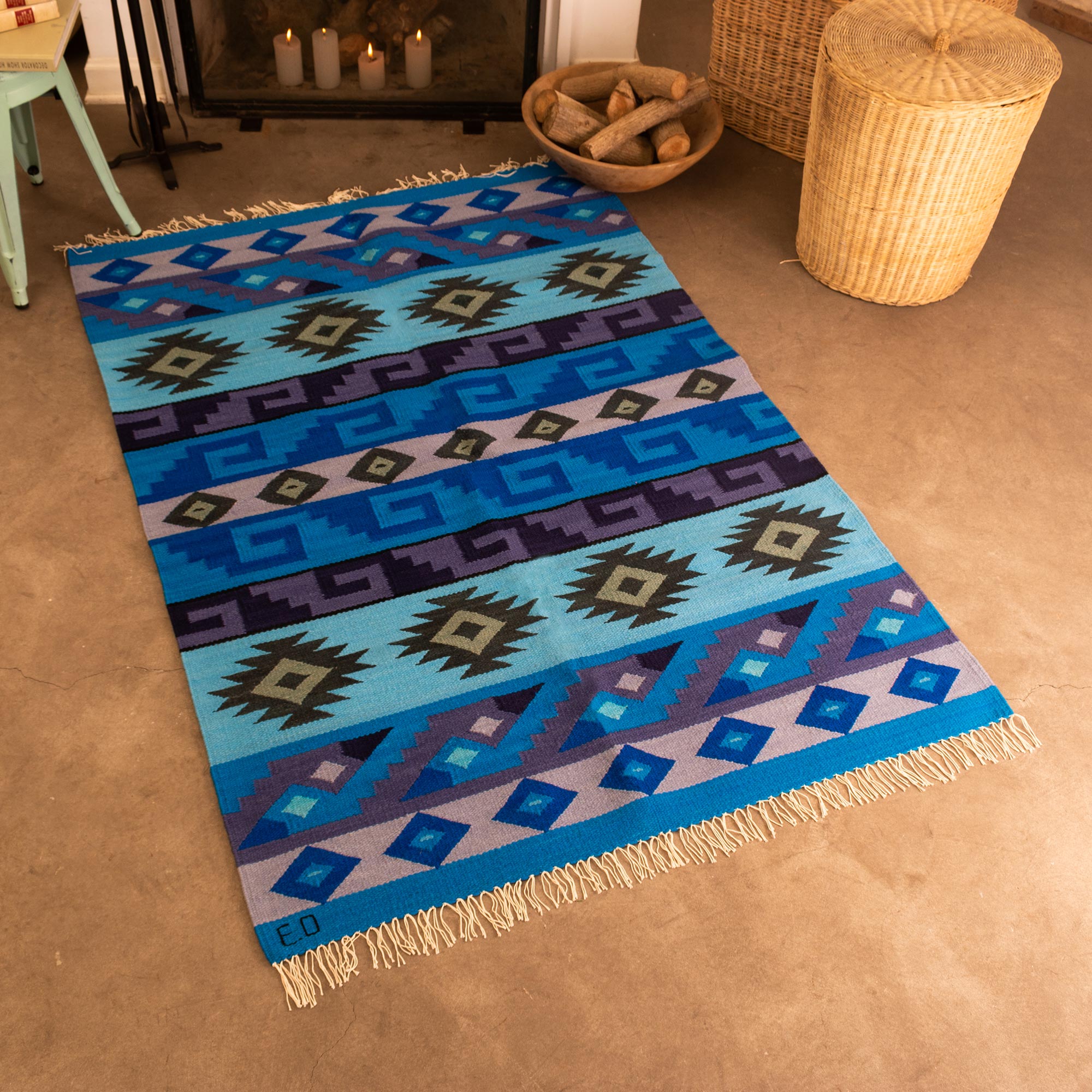 Incan Empire - Handwoven Wool Area Rug in Blue (4x6) from Peru