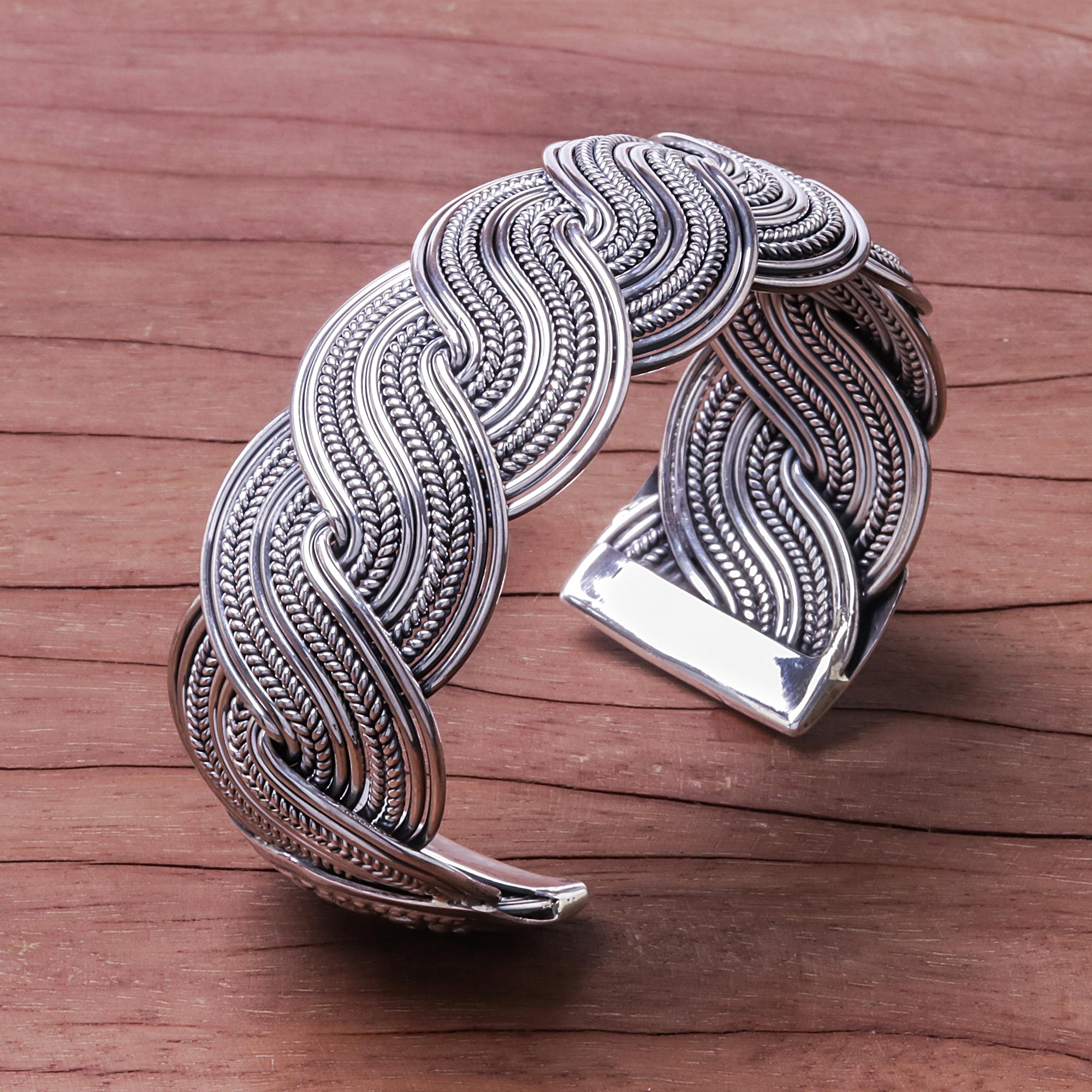 Serpentine Elegance - Serpentine Intertwined Sterling Silver Bands Cuff Bracelet