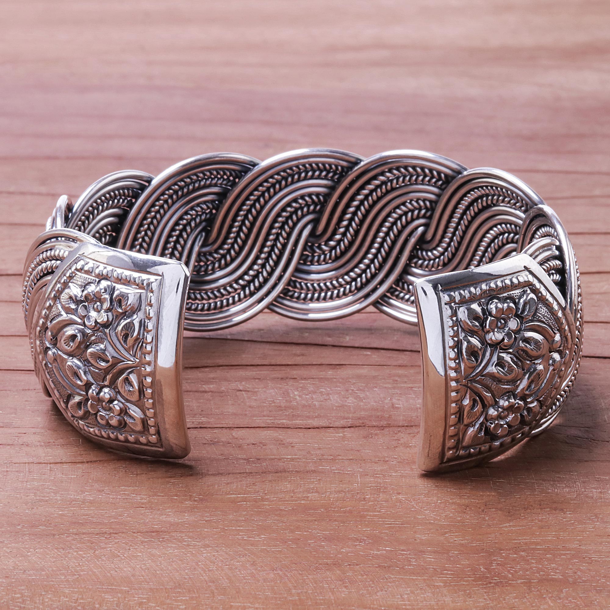 Serpentine Elegance - Serpentine Intertwined Sterling Silver Bands Cuff Bracelet