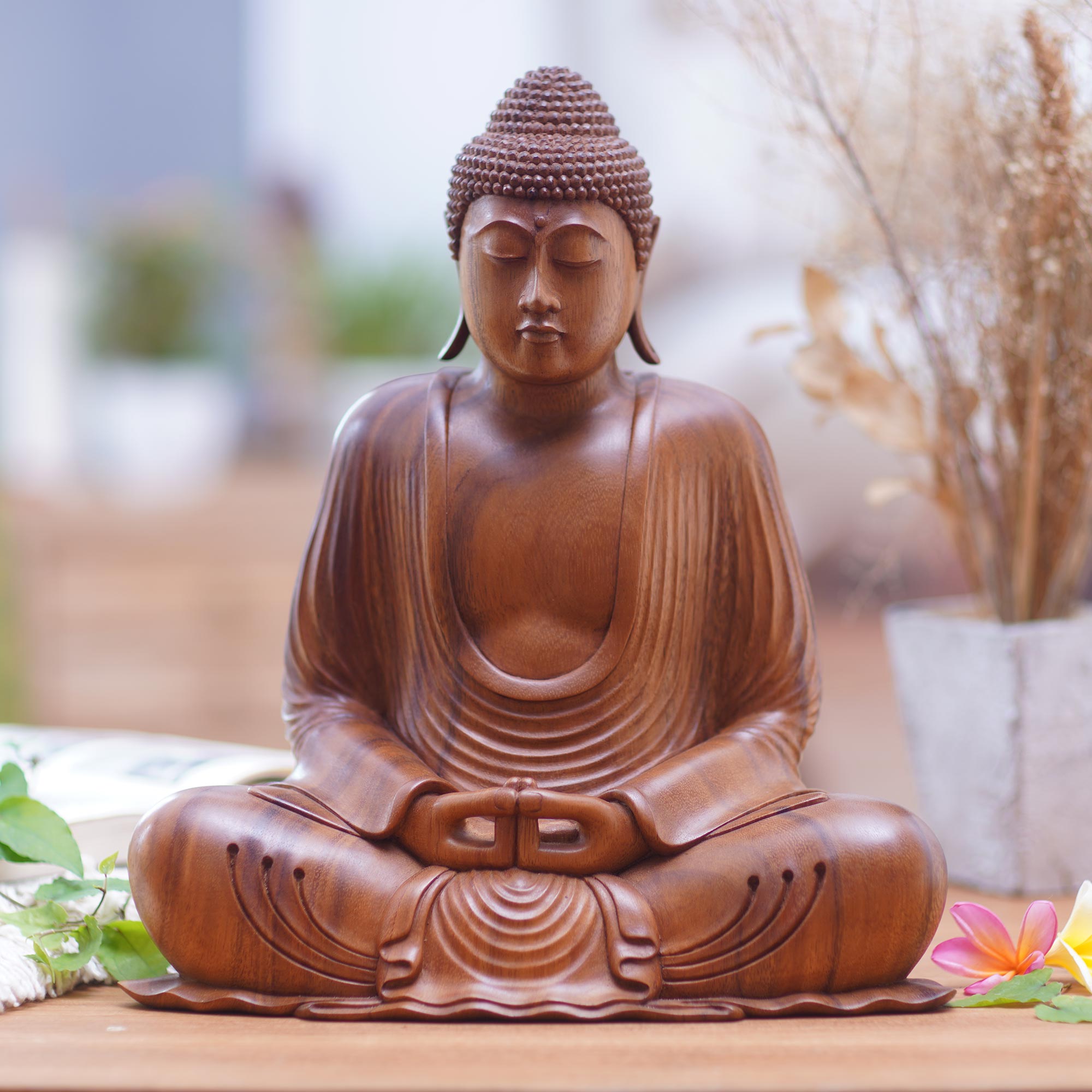 Dhyana Mudra - Hand-Carved Suar Wood Buddha Sculpture with Mudra Gesture