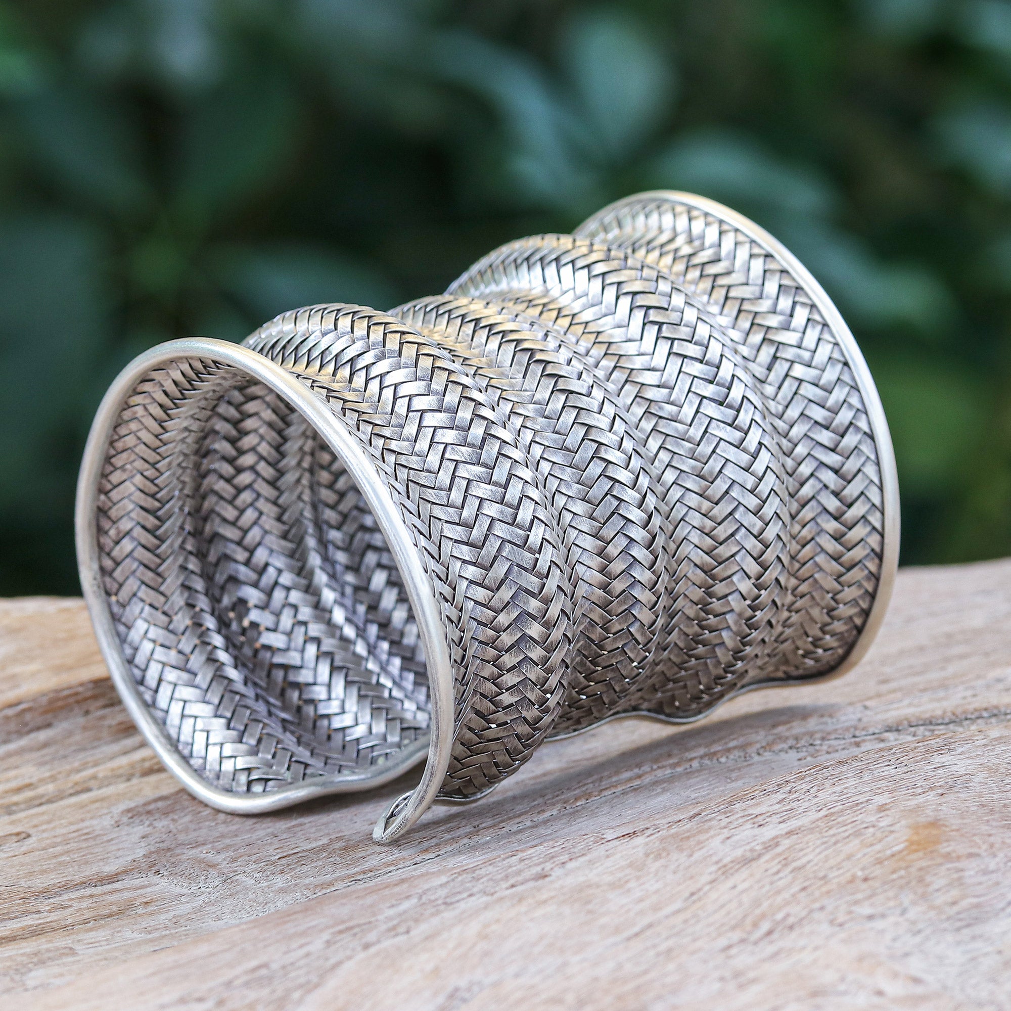 Manor Memories - a Sterling Silver Long Cuff Bracelet with Basketweave Pattern