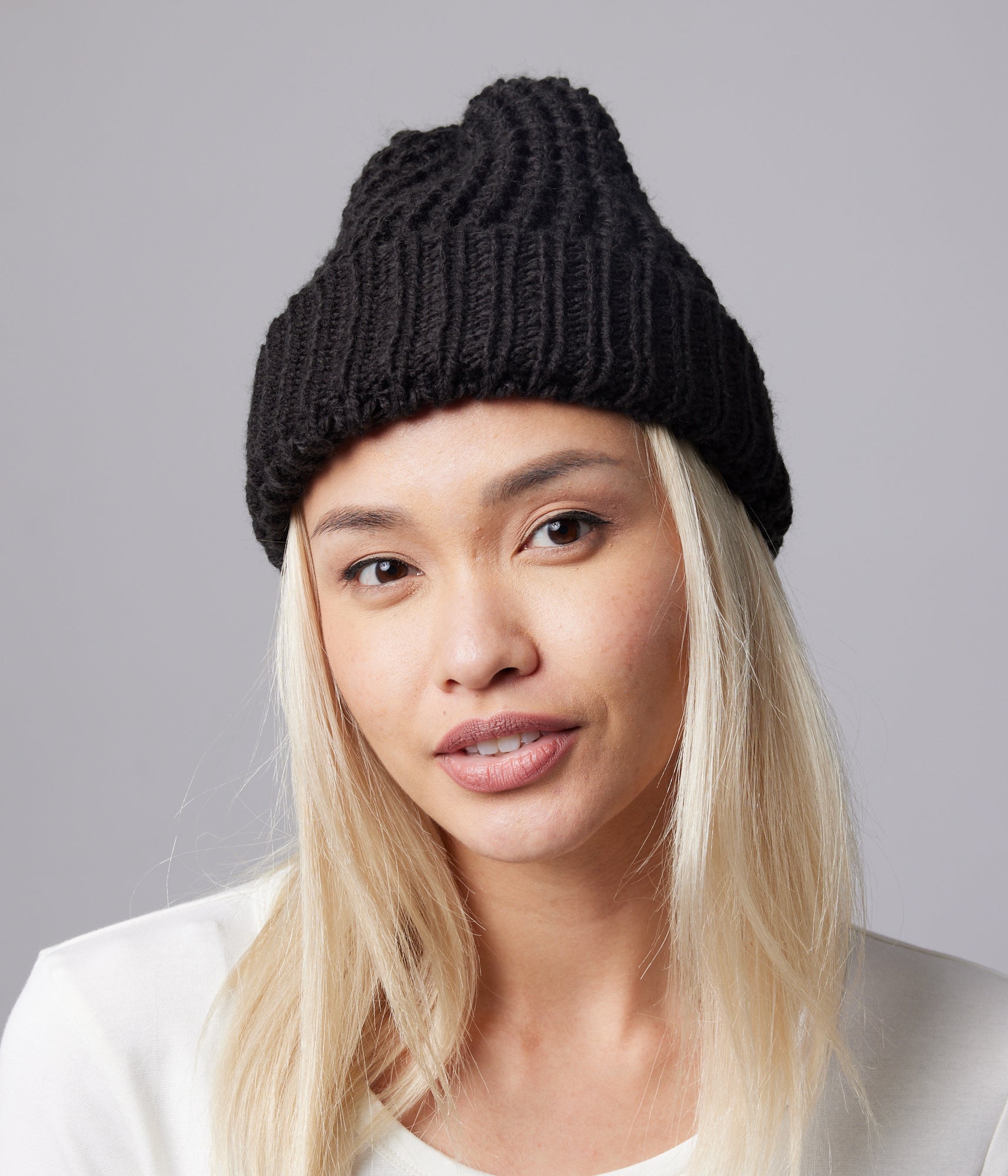 Black beanie on model