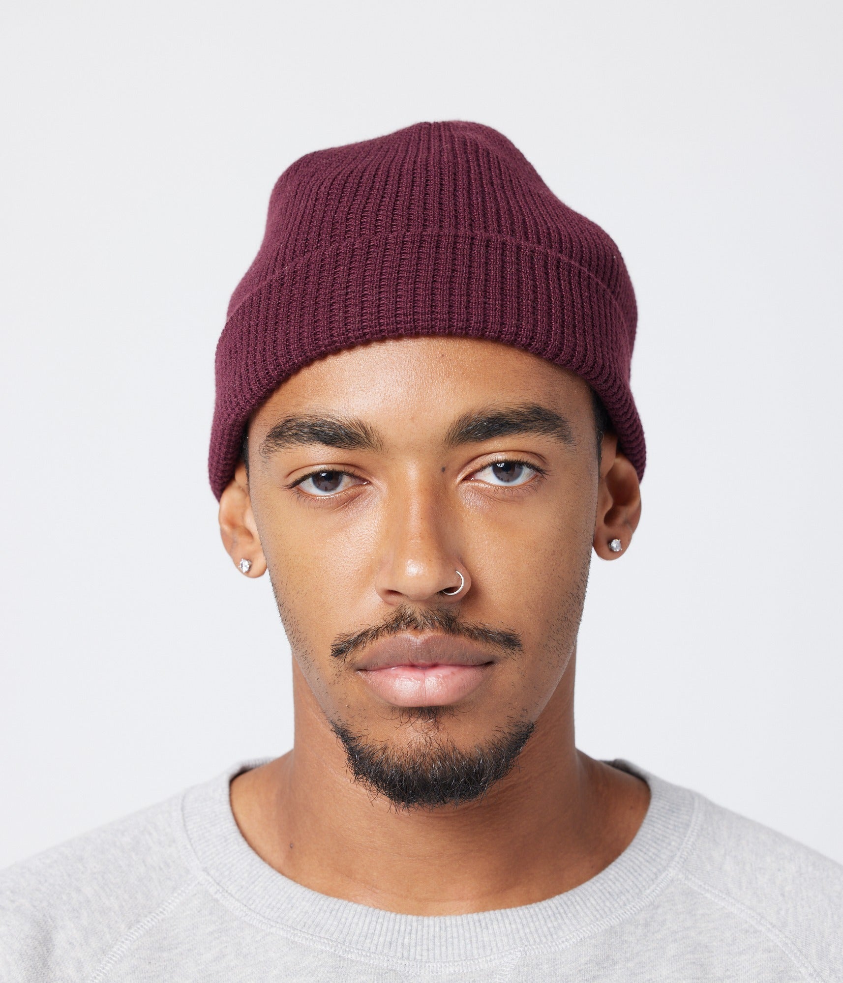 Burgundy beanie on model